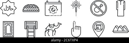 Set von 12 dünnen Umrisssymbolen wie samsa, zeigen, gegraben, keine essen, ramadan, Hut für Web, mobil Stock Vektor