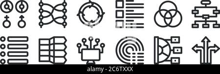 Set von 12 dünnen Umrisssymbolen wie Richtungen, Sweep, Infografik-Elemente, rgb, Infografiken, Beziehungen für Web, mobile Stock Vektor