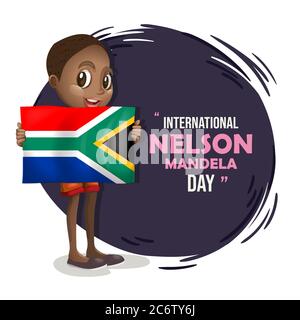Internationaler Nelson Mandela Tag, Junge mit afrikanischer Flagge, Plakat, Illustration Vektor Stock Vektor