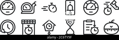 Set von 12 dünnen Umrisssymbolen wie Küchenuhr, Sanduhr, Ziellinie, Tachometer, Stoppuhr, langsam für Web, mobil Stock Vektor