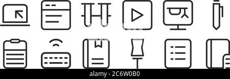 Set von 12 dünnen Umrisssymbolen wie Index, Pin, drahtlose Tastatur, Online-Kurs, Tuben, Text-Editor für Web, mobile Stock Vektor