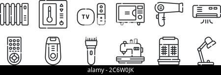 Set von 12 dünnen Umrisssymbolen wie Schreibtischlampe, Nähmaschine, Rasierer, Haartrockner, Fernbedienung, Thermostat für Web, mobil Stock Vektor