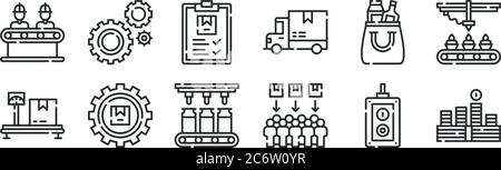 Set von 12 dünnen Umrisssymbolen wie Geld, Verbraucher, Paket, Produkt, Zwischenablage, Einstellungen für Web, Handy Stock Vektor