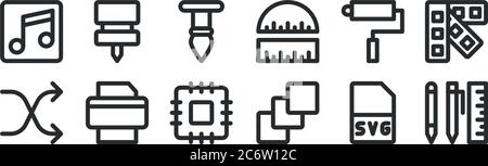 Set von 12 dünnen Umrisssymbole wie Schulmaterial, Zeichenfläche, Drucker, Farbrolle, Pinsel, Push-Pin für Web, mobil Stock Vektor