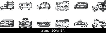 Set von 12 dünnen Umriss Symbole wie Motorrad, van, Straßenbahn, Auto, Auto, Minibus für Web, mobil Stock Vektor