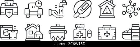 Set von 12 dünnen Umrisssymbolen wie Essen, Medizin, Reinigung, zu Hause bleiben, Händewaschen, entspannen für Web, mobil Stock Vektor