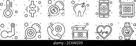 Set von 12 dünnen Umrisssymbolen wie Smart Watch, Krankenhaus, Medizin, mobile App, rx, Fraktur für Web, mobil Stock Vektor
