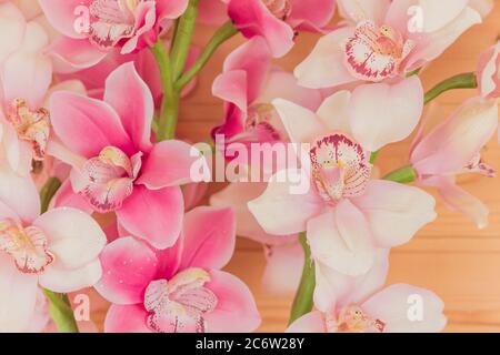 Bündel von künstlichen blühenden Orchideenblumen auf hölzernen Hintergrund. Inneneinrichtung. Stockfoto