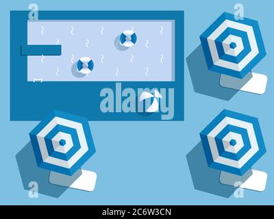 vector flaches Design top-Ansichten Schwimmbad mit blauer Farbe. Haben Sie eine lustige Zeit im Pool, Urlaub Konzept Illustration. Stock Vektor