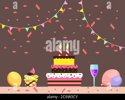 vektor-Illustration von leckeren Geburtstagskuchen mit Kerzen und Wein. Grußkarte Happy Birthday Party Hintergrundkonzept. Stock Vektor