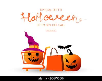 vektor Illustration von Sonderangebot Halloween bis zu fünfzig Prozent Rabatt Verkauf, Online-Shopping Rabatt Konzept. Stock Vektor