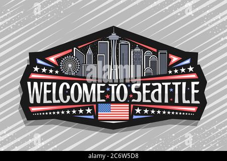 Vektor-Logo für Seattle, schwarzes dekoratives Abzeichen mit Illustration der berühmten seattle Stadtlandschaft auf Abendhimmel Hintergrund, Kunst Design Tourist Kühlschrank magne Stock Vektor