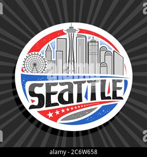 Vektor-Logo für Seattle, weiß dekorativen Tag mit Umriss Illustration der modernen seattle Stadtlandschaft auf Tag Himmel Hintergrund, Kunst Design Tourist Kühlschrank Stock Vektor