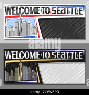 Vektor-Layouts für Seattle mit Copyspace, dekorativer Gutschein mit Illustration der modernen seattle Stadtlandschaft am Tag und Abenddämmerung Himmel Hintergrund, Art desig Stock Vektor
