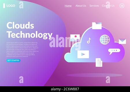 Cloud Computing Technologie Landing Page flaches Design-Konzept für Web-Design. Cloud-Datenspeicher, abstrakt Tech-Hintergrund. vektor-Illustration Stock Vektor