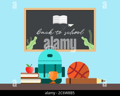 vektor-Illustration von flachem Design zurück zur Schule liefert mit einer Tafel. Bildung Konzept Hintergrund Vorlage. Stock Vektor