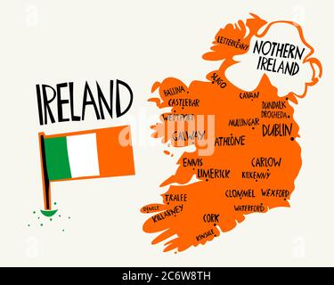 Vektor Hand gezeichnet stilisierte Karte von Irland. Reisedarstellung der Städte der Republik Irland. Handgezeichnete Beschriftung. Europa-MAP-Element Stock Vektor