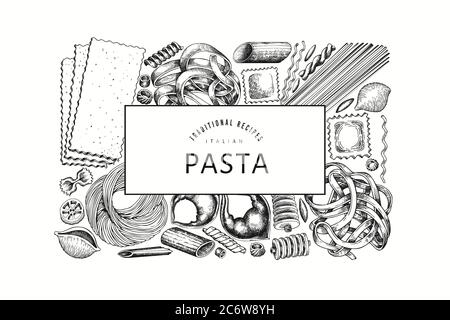 talian Pasta Design Vorlage. Handgezeichnete Vektorgrafik Lebensmittel. Eingraviert. Retro Pasta verschiedene Arten Hintergrund. Stock Vektor