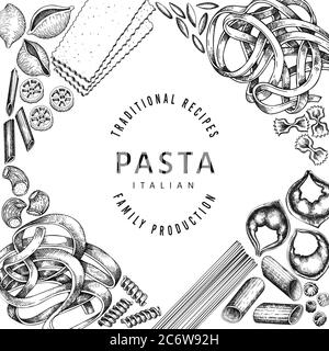 talian Pasta Design Vorlage. Handgezeichnete Vektorgrafik Lebensmittel. Eingraviert. Retro Pasta verschiedene Arten Hintergrund. Stock Vektor