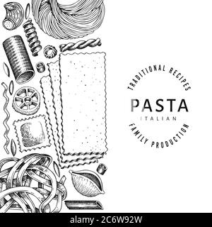 talian Pasta Design Vorlage. Handgezeichnete Vektorgrafik Lebensmittel. Eingraviert. Retro Pasta verschiedene Arten Hintergrund. Stock Vektor