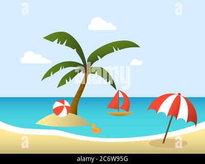 vektor-Illustration von Sommerstrand in einer tropischen Insel mit einem Sonnenschirm, Ball, Boot und Palmen. Sommer Saison Hintergrund Vorlage. Stock Vektor