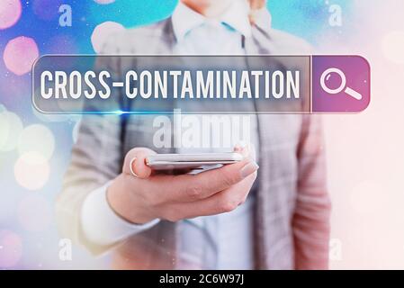 Textschild mit Kreuzkontamination. Geschäftsfoto, das die unbeabsichtigte Übertragung von Bakterien von einer Substanz auf eine andere Stelle der Internetsuche zeigt Stockfoto