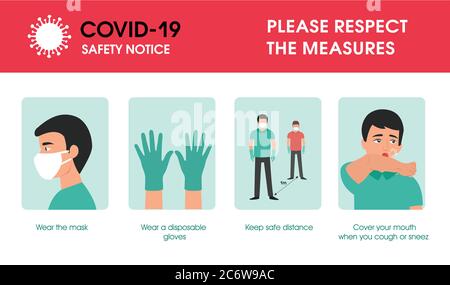 Coronavirus covid-19 Sicherheitsmaßnahmen. Tragen Sie eine Gesichtsmaske, tragen Sie Einweghandschuhe und halten Sie sicheren Abstand, decken Sie Ihren Mund, wenn Sie husten und niesen Stock Vektor