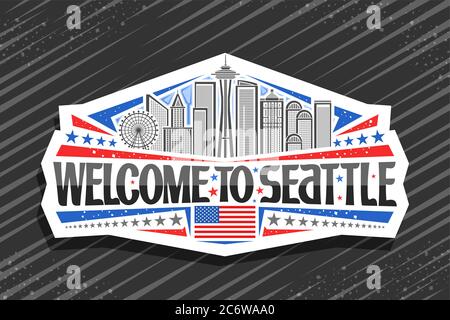 Vektor-Logo für Seattle, weißes dekoratives Abzeichen mit Liniendarstellung der berühmten seattle Stadtlandschaft am Tag Himmel Hintergrund, touristischer Kühlschrankmagnet mit Stock Vektor