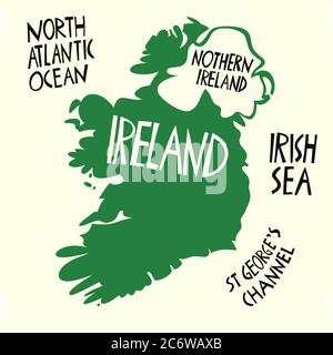 Vektor Hand gezeichnet stilisierte Karte von Irland. Reisedarstellung der Republik Irland mit Gewässern. Handgezeichnete Beschriftung. Europa Karte eleme Stock Vektor