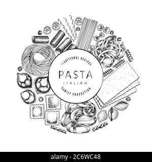 talian Pasta Design Vorlage. Handgezeichnete Vektorgrafik Lebensmittel. Eingraviert. Retro Pasta verschiedene Arten Hintergrund. Stock Vektor