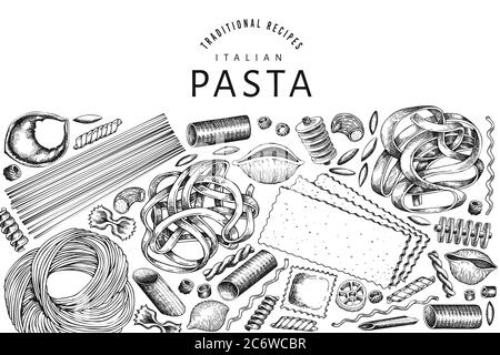 talian Pasta Design Vorlage. Handgezeichnete Vektorgrafik Lebensmittel. Eingraviert. Retro Pasta verschiedene Arten Hintergrund. Stock Vektor