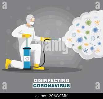 Mann in Gefahrgut Anzug Reinigung und Desinfektion Coronavirus Zellen Epidemie MERS-CoV Virus desinfizieren Bakterien Virus. Reinigung Virus. Stock Vektor