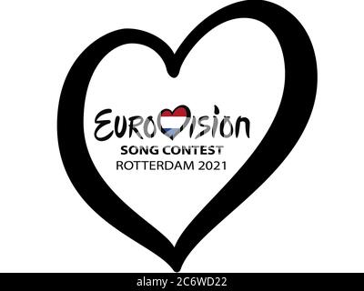 Eurovision Song Contest 2021. Text Rotterdam 2021 Eurovision Herz auf weißem Hintergrund. Stockfoto