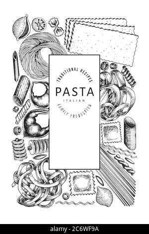 talian Pasta Design Vorlage. Handgezeichnete Vektorgrafik Lebensmittel. Eingraviert. Retro Pasta verschiedene Arten Hintergrund. Stock Vektor