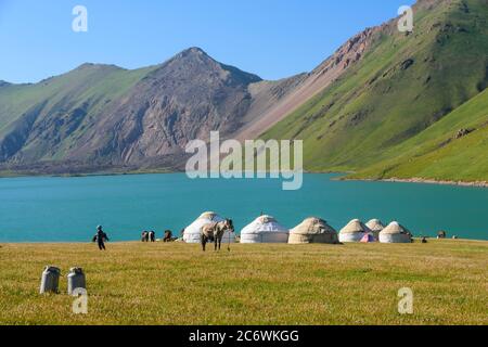Jurten in der Nähe eines Sees auf den Sommerweiden einer nomadischen Familie in Kirgisistan Stockfoto