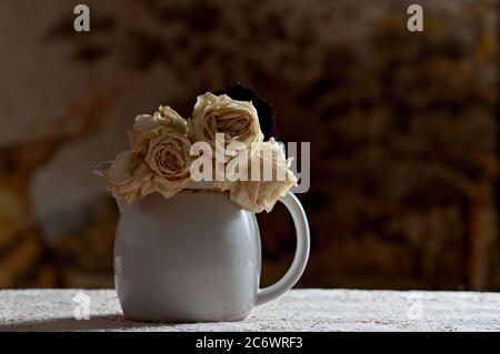 Weiße getrocknete Rosen in einem weißen Milchkännchen Stockfoto