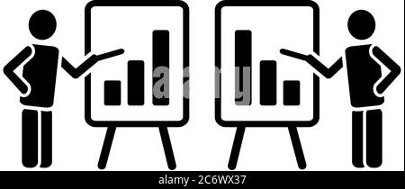 Einfache zwei schwarze solide Symbol Piktogramm der Mann Figur mit Flipchart zeigt auf Balkendiagramm Spalten wachsen und fallen, Business-Präsentation Stock Vektor