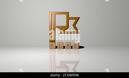 3D-Darstellung der Flagge mit Symbol an der Wand und Text angeordnet durch metallische kubische Buchstaben auf einem Spiegelboden für Konzept Bedeutung und Diashow-Präsentation. Illustration und Hintergrund Stockfoto