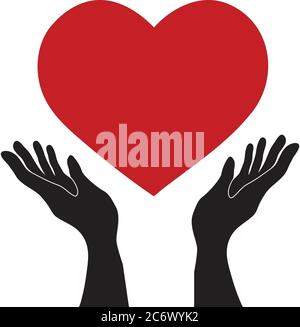vektor einfache flache schwarze Hände halten rote Herz-Symbol, Liebe roma Stock Vektor