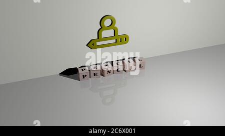 3D-Grafik-Bild von BLEISTIFT vertikal zusammen mit Text von metallischen kubischen Buchstaben aus der oberen Perspektive gebaut, ausgezeichnet für das Konzept Präsentation und Diashows. Illustration und Hintergrund Stockfoto
