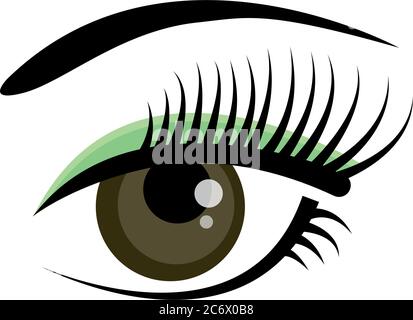 Schönes braunes weibliches Auge mit Wimpern, Augenbrauen und grünem Schatten isoliert auf weißem Hintergrund. Flaches Logo oder Icon-Design. Cartoon-Augen Stock Vektor