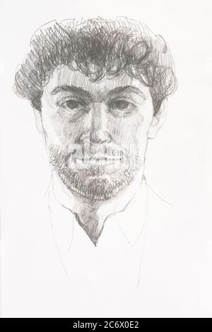 Bleistiftportrait eines Mannes, handgezeichnete Skizze einer abstrakten meditiarranischen Person Stockfoto