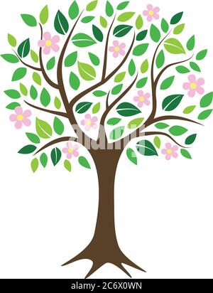 Blühende Kirsche oder Apfelbaum mit Blumen und saftig grünen Blättern, einfache flache Illustration für Logo oder Ikone, Frühlingskonzept, eps 10 Vektor Stock Vektor