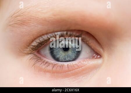 Nahaufnahme des blauen Auges eines schönen Kindes, das trotzig in die Kamera starrt Stockfoto