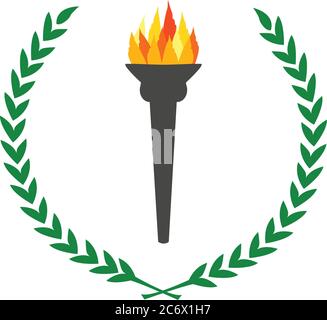 olympische Flamme brennende Fackel mit Lorbeerkranz grünen Blättern Kreis Einfache Farbe flache Vektor Illustration olympischen Spiele Symbol Stock Vektor