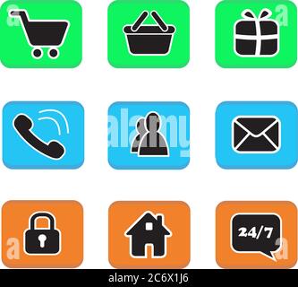 Satz von E-Commerce-Symbol Web-Button-Symbole Kontakt Symbol Sammlung Schwarz und Weiß auf blaugrünem und orangefarbenem Tastentelefon Mail Life Chat Home Vorhängeschloss Stock Vektor