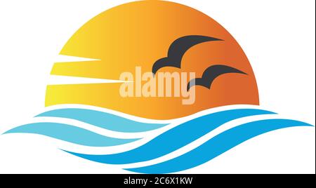 Abstraktes Design von Ozean-Ikone oder Logo mit Sonne, Meereswellen, Sonnenuntergang und Möwen silhoutte in schlichtem flachen Stil. Konzept der Reise, Urlaub oder tropisch Stock Vektor