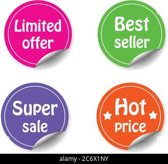 Rabatt Kreis Aufkleber mit gewellten Ecke Marketing-Promotion-Satz Etiketten unterzeichnen Bestseller; begrenztes Angebot, heißer Preis und Superverkauf Stock Vektor
