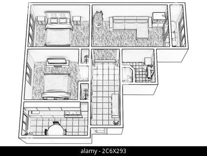 3d-Grundriss. Schwarz-Weiß-Grundriss. 3D-Illustration, Skizze, Umriss. Stockfoto