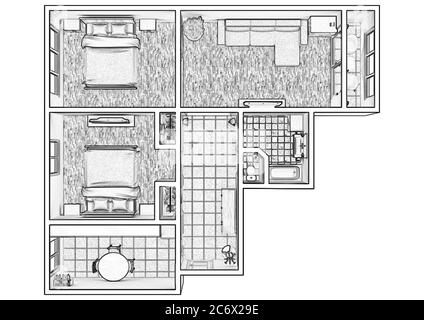 3d-Grundriss. Schwarz-Weiß-Grundriss. 3D-Illustration, Skizze, Umriss. Stockfoto